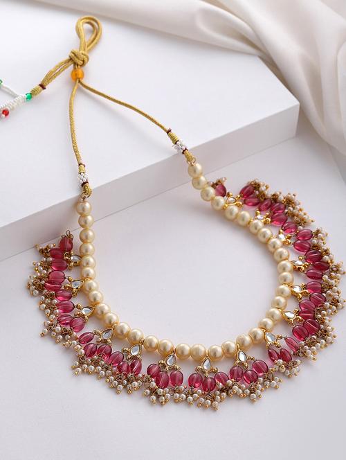kundan, pearls, natural stones, faux ruby red, white, gold haar necklace - 18226967 - Very Small Image - 1