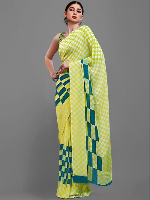 yellow georgette printed saree with blouse - 18227009 - Very Small Image - 1