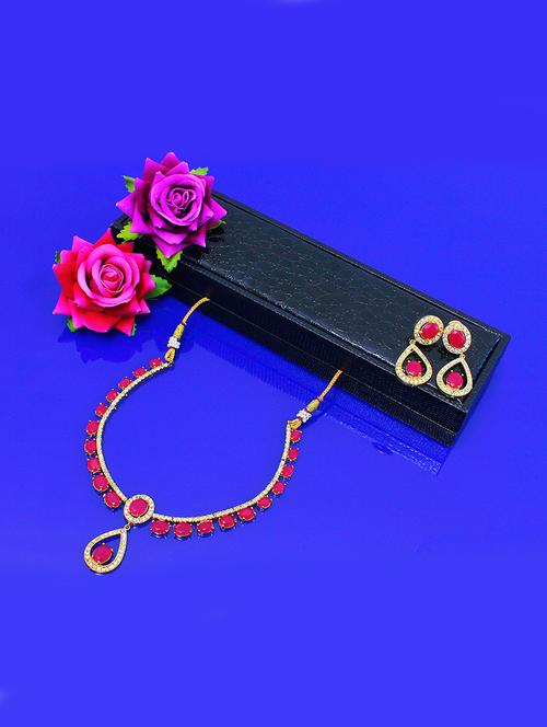 ruby red color stone necklace earring set gold polished imitation jewellery set for women and girls - 18227355 - Very Small Image - 1