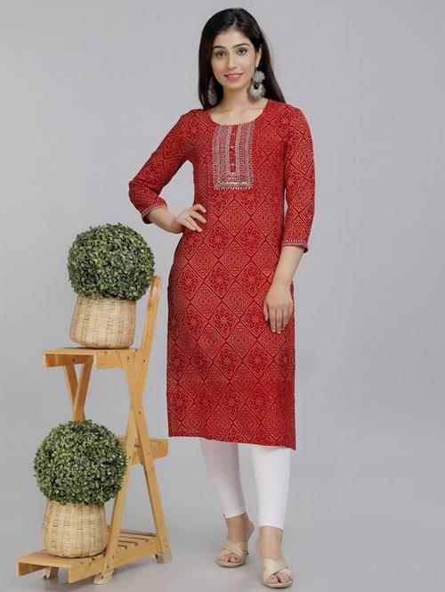 red printed straight kurta - 18227496 - Very Small Image - 1