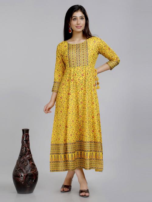 mustard printed a-line kurti - 18227499 - Very Small Image - 1