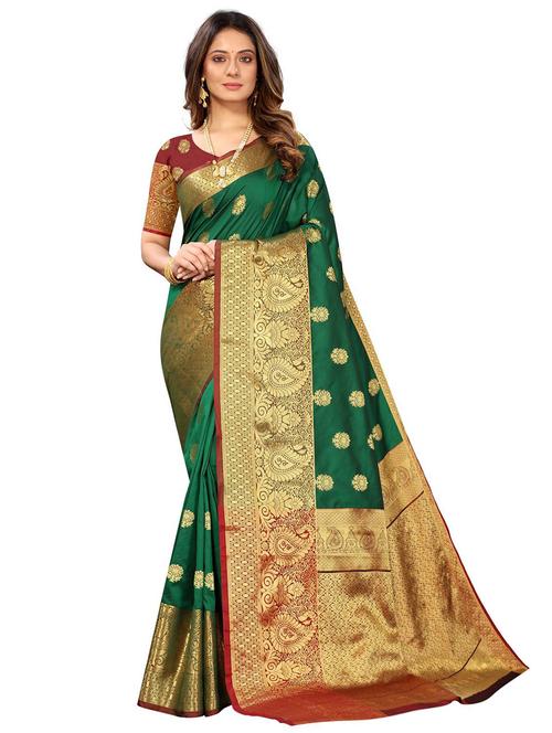 green silk blend kanjivaram saree with blouse - 18227688 - Very Small Image - 1