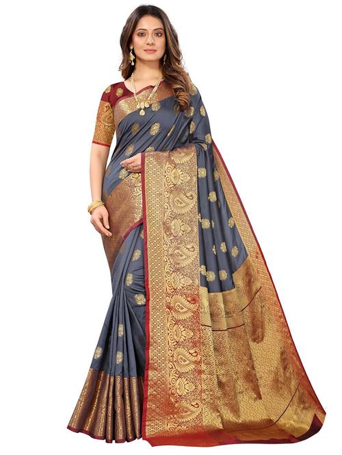 grey silk blend kanjivaram saree with blouse - 18227689 - Very Small Image - 1
