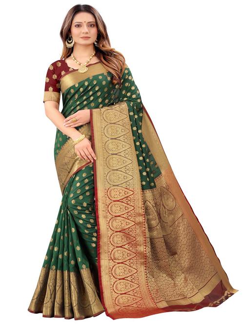 green silk blend kanjivaram saree with blouse - 18227694 - Very Small Image - 1
