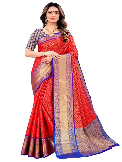 red silk blend kanjivaram saree with blouse - 18227705 - Very Small Image - 1