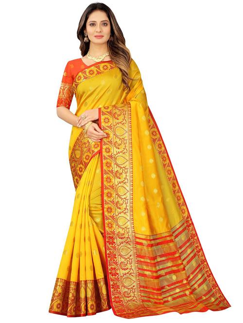 yellow silk blend kanjivaram saree with blouse - 18227743 - Very Small Image - 1
