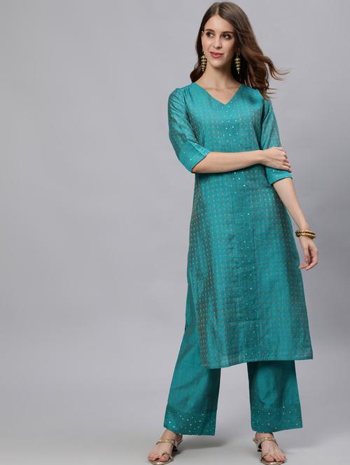 turquoise chanderi kurta palazzo set - 18227826 - Very Small Image - 1