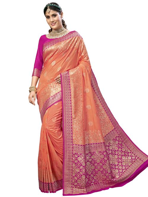 peach silk blend saree with blouse - 18228400 - Very Small Image - 1