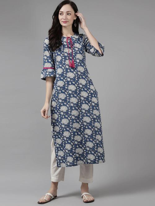 navy cotton straight kurta - 18229023 - Very Small Image - 1