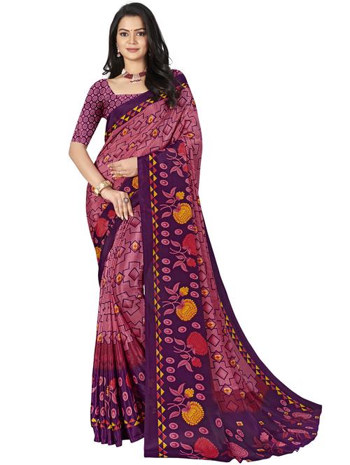 purple printed saree with blouse - 18229176 - Very Small Image - 1