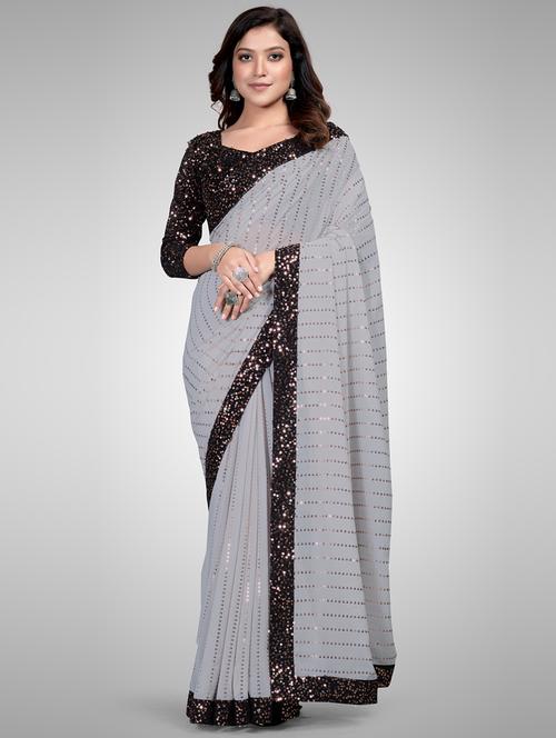 grey georgette embroidered saree with blouse - 18229288 - Very Small Image - 1