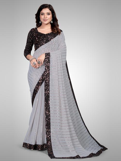grey georgette embroidered saree with blouse - 18229415 - Very Small Image - 1