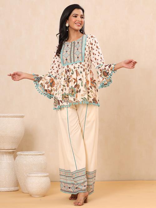 beige rayon kurta palazzo set - 18230937 - Very Small Image - 1