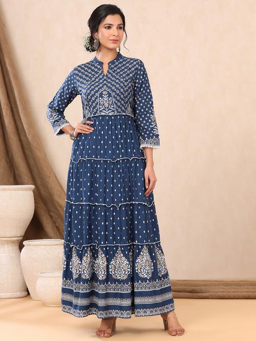 blue printed tiered ethnic dress - 18231009 - Very Small Image - 1