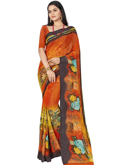 women's floral orange colored saree with blouse - 18231560 - Very Small Image - 1