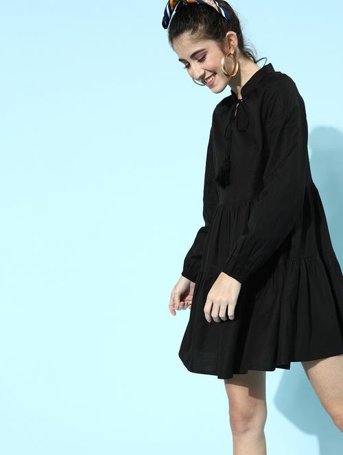 tie up neck solid fit & flare dress - 18231626 - Very Small Image - 1