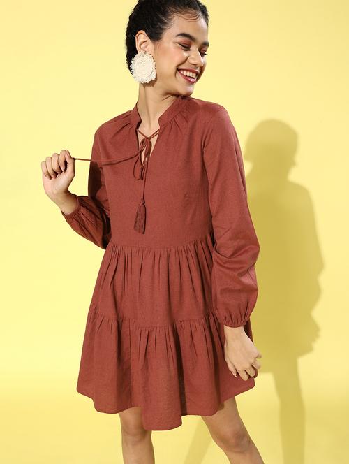 tie up neck solid fit & flare dress - 18231628 - Very Small Image - 1