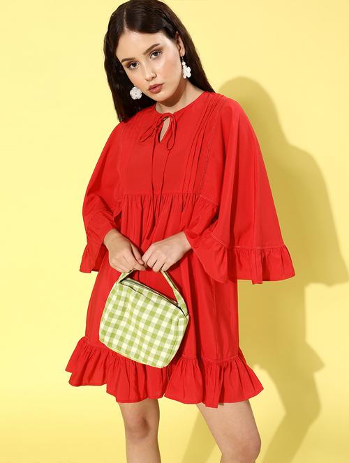 tie up neck solid fit & flare dress - 18231660 - Very Small Image - 1