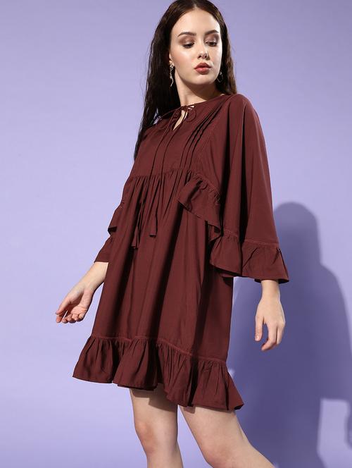 tie up neck solid fit & flare dress - 18231661 - Very Small Image - 1