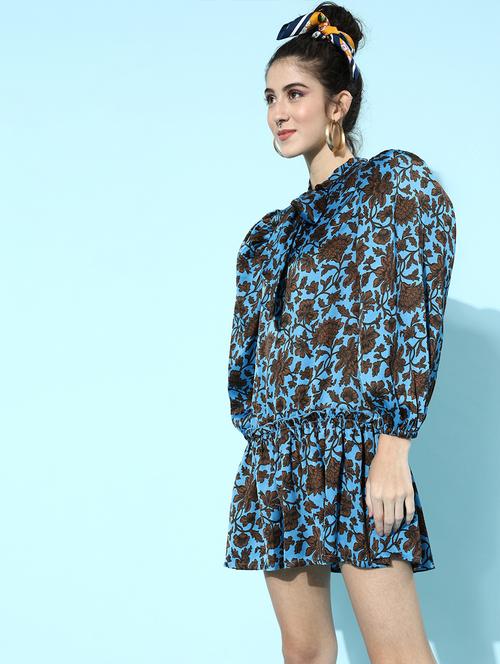 tie up neck floral fit & flare dress - 18231662 - Very Small Image - 1