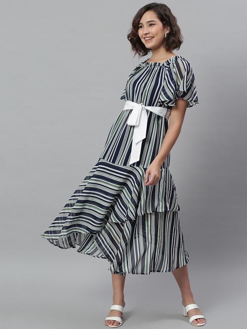 tie front striped fit & flare dress - 18231683 - Very Small Image - 1
