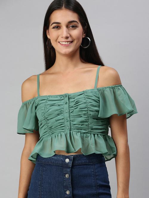 cold shoulder solid crop top - 18231716 - Very Small Image - 1