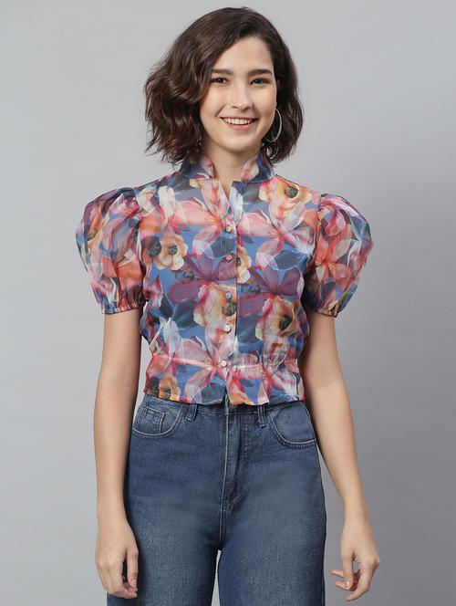 mandarin neck floral crop top - 18231724 - Very Small Image - 1