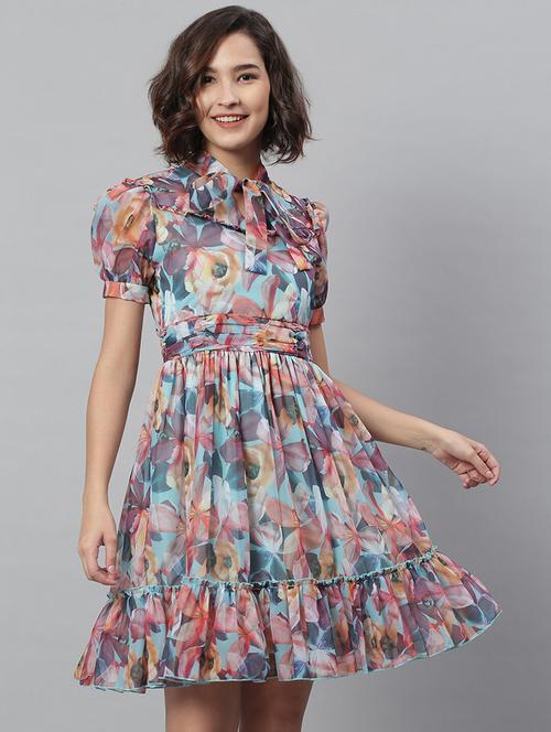 tie up neck printed a-line dress - 18231769 - Very Small Image - 1