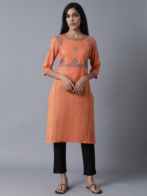 orange cotton blend straight kurta - 18231856 - Very Small Image - 1