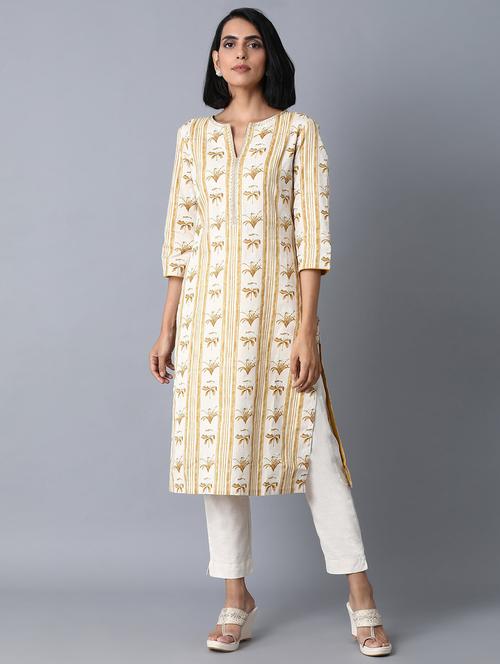yellow cotton blend straight kurta - 18231874 - Very Small Image - 1