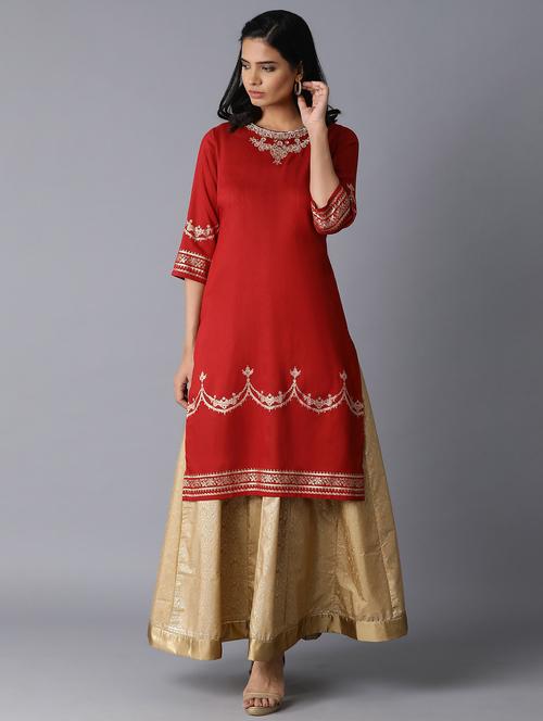 red viscose straight kurta - 18231916 - Very Small Image - 1
