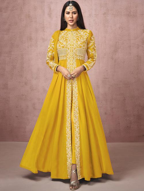 yellow georgette semistitched suit - 18232696 - Very Small Image - 1