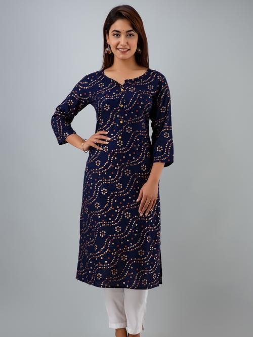rayon blue bandhani printed kurta with white pant - 18232856 - Very Small Image - 1
