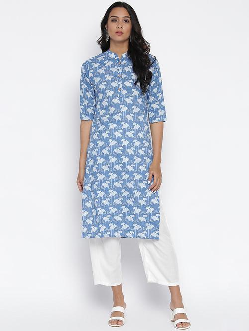 blue cotton straight kurta - 18233179 - Very Small Image - 1