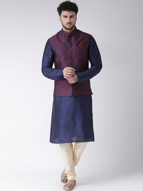navy-blue kurta pyjama with jacket ethnic wear set - 18233621 - Very Small Image - 1