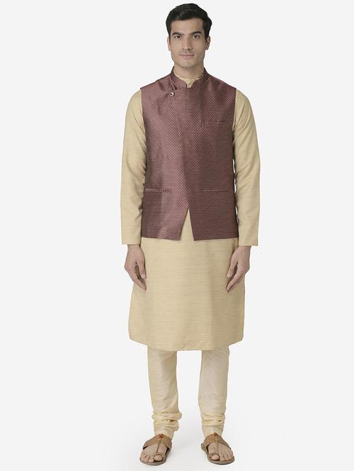 beige silk kurta pyjama with jacket ethnic wear set - 18233627 - Very Small Image - 1