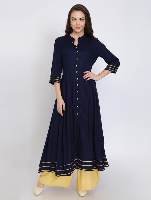 navy rayon flared kurta - 18233943 - Very Small Image - 1