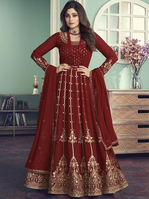 maroon georgette semistitched suit - 18234590 - Very Small Image - 1