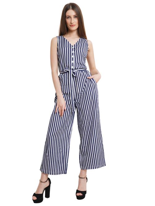 tie front striped full leg jumpsuit - 18235373 - Very Small Image - 1