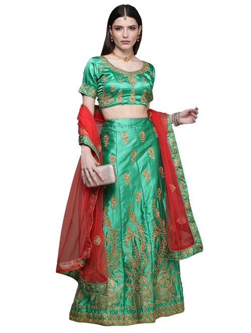 green satin aline lehenga - 18235802 - Very Small Image - 1