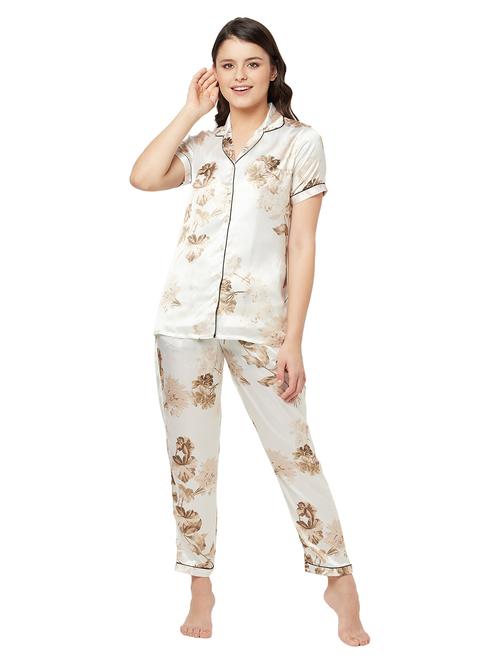 lapel neck printed nightwear set - 18235844 - Very Small Image - 1