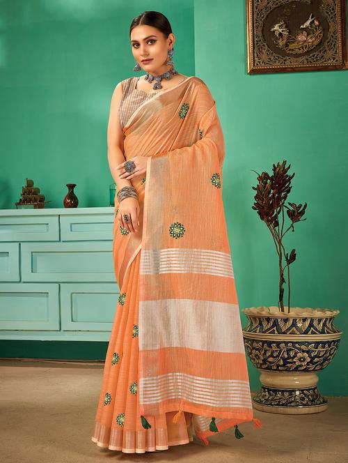 orange linen embroidered saree - 18235905 - Very Small Image - 1