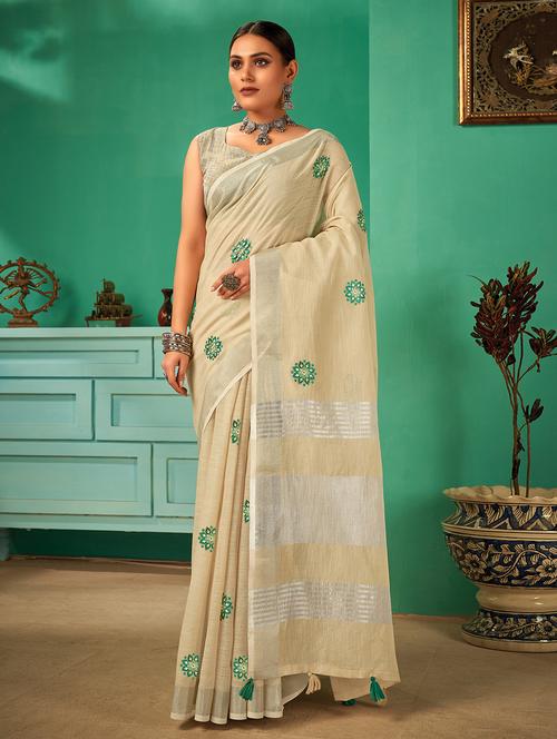 offwhite linen embroidered saree - 18235907 - Very Small Image - 1
