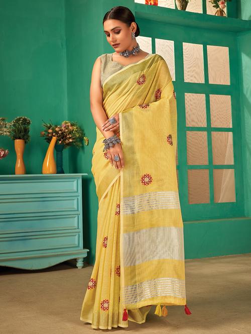 yellow linen embroidered saree - 18235909 - Very Small Image - 1