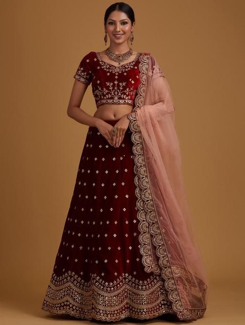 maroon satin flared lehenga - 18236656 - Very Small Image - 1
