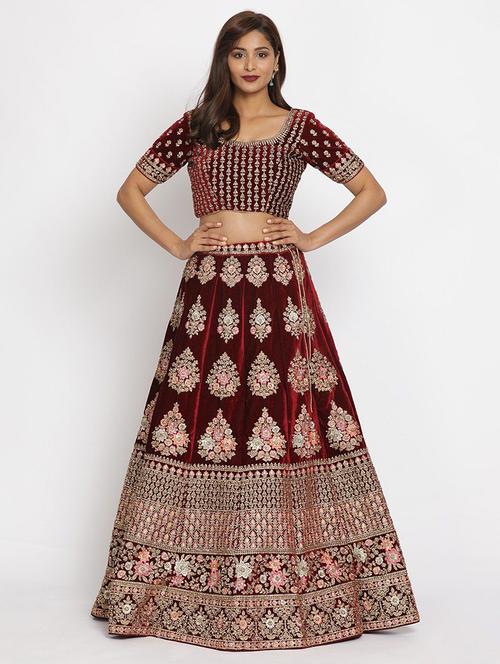 maroon velvet flared lehenga - 18236688 - Very Small Image - 1