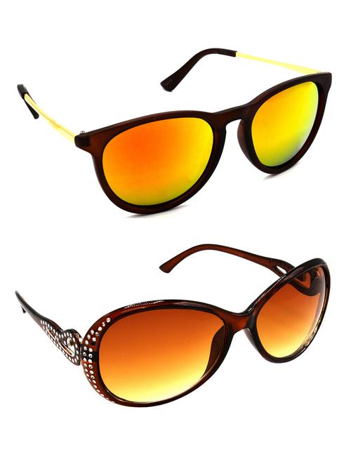 hrinkar men women boys & girls round sunglasses golden & silver frame, golden & brown lens (medium) pack of - 2 - 18238132 - Very Small Image - 1