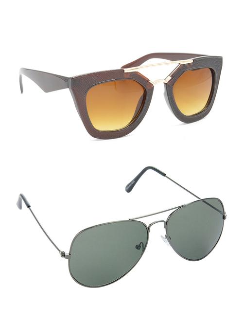 hrinkar men women boys & girls rectangular & aviator sunglasses golden & grey frame, brown & green lens (medium) pack of - 2 - 18238465 - Very Small Image - 1