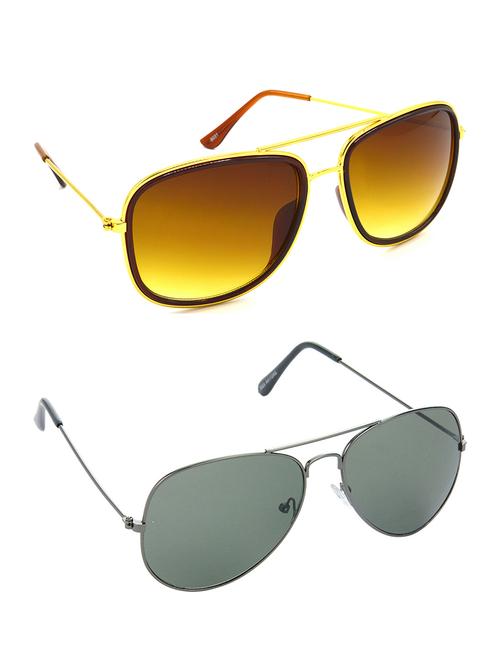 hrinkar men women boys & girls rectangular & aviator sunglasses golden & grey frame, brown & green lens (medium) pack of - 2 - 18238539 - Very Small Image - 1