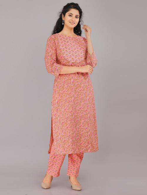 peach cotton kurta pant set - 18240036 - Very Small Image - 1